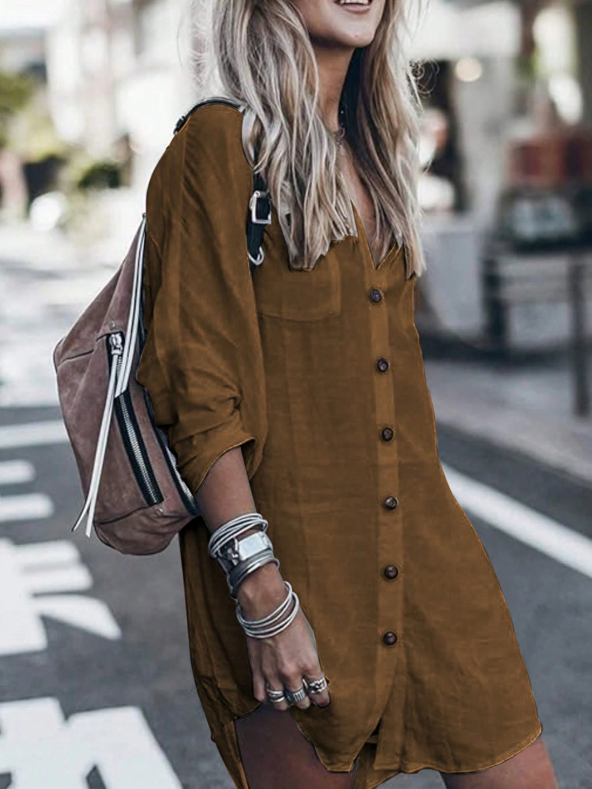 1pc Women Simple Solid Color Long Sleeve Buttoned Shirt, Casual Everyday Wear