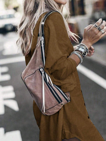 1pc Women Simple Solid Color Long Sleeve Buttoned Shirt, Casual Everyday Wear