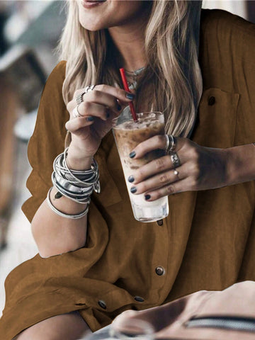 1pc Women Simple Solid Color Long Sleeve Buttoned Shirt, Casual Everyday Wear