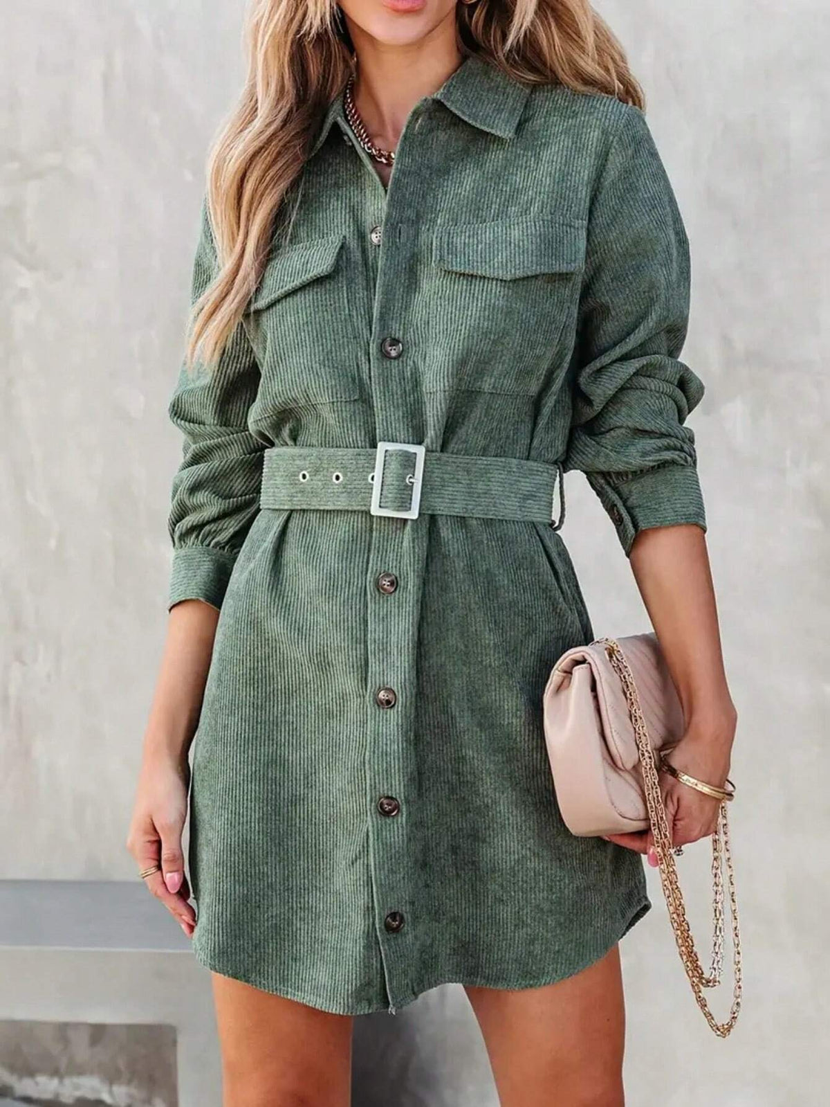 1pc Women Solid Color Button Front Belted Casual Long Sleeve Dress