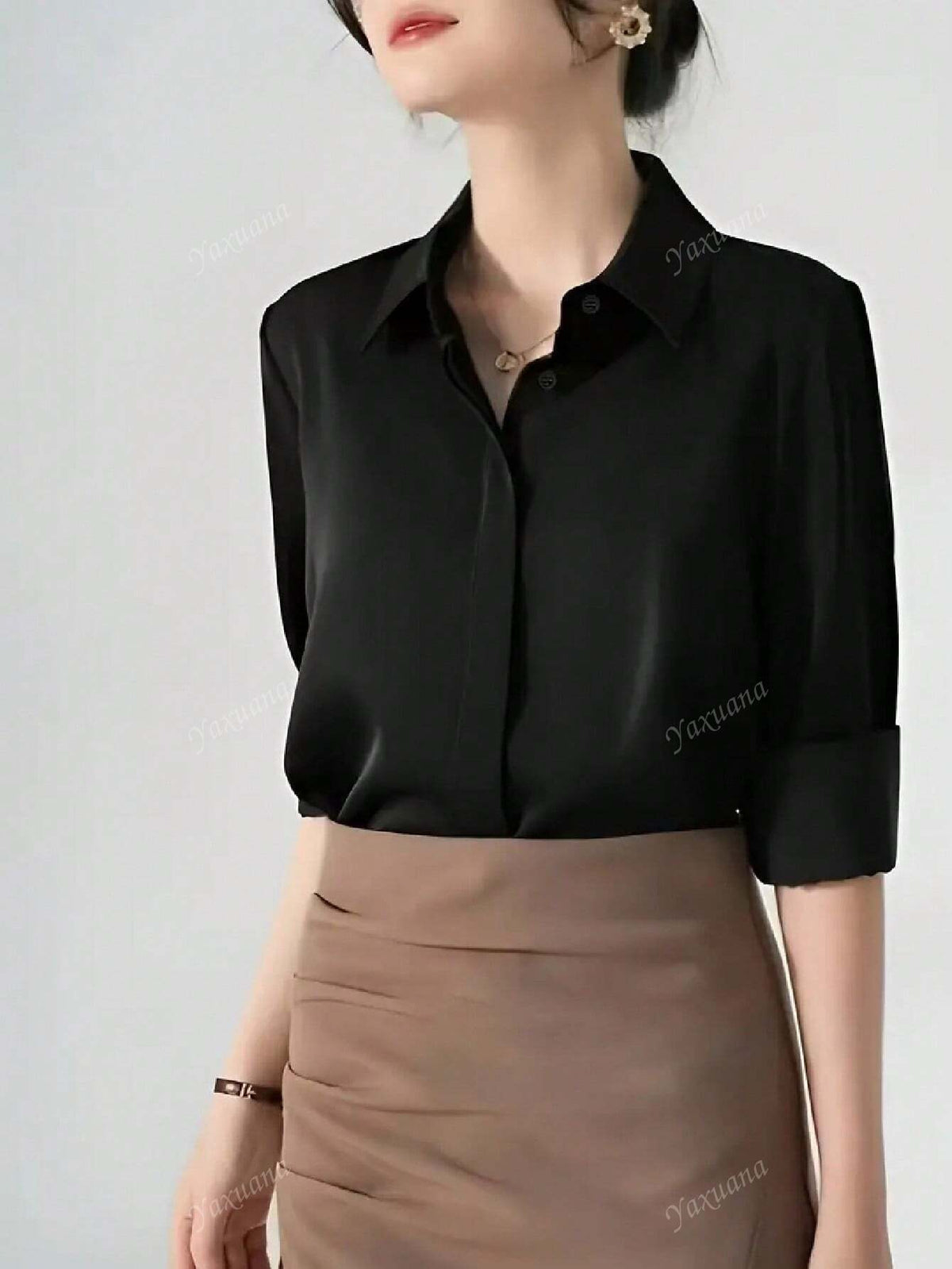 1pc Women Solid Color Button Front Shirt, Elegant Long Sleeve Collared Blouse, Suitable For Spring & Autumn