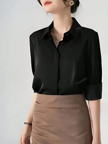 1pc Women Solid Color Button Front Shirt, Elegant Long Sleeve Collared Blouse, Suitable For Spring & Autumn