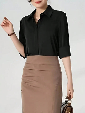 1pc Women Solid Color Button Front Shirt, Elegant Long Sleeve Collared Blouse, Suitable For Spring & Autumn