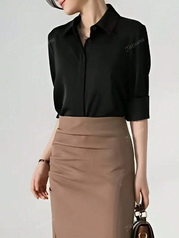 1pc Women Solid Color Button Front Shirt, Elegant Long Sleeve Collared Blouse, Suitable For Spring & Autumn
