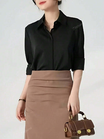 1pc Women Solid Color Button Front Shirt, Elegant Long Sleeve Collared Blouse, Suitable For Spring & Autumn