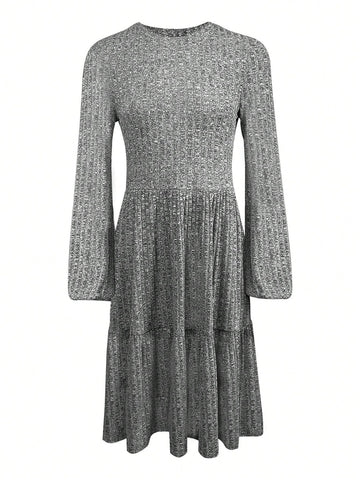 1pc Women Solid Color Round Neck Casual Long Sleeve A-Line Dress