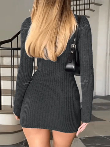 1pc Women Solid Color Round Neck Long Sleeve Simple Short Casual Mini Dress