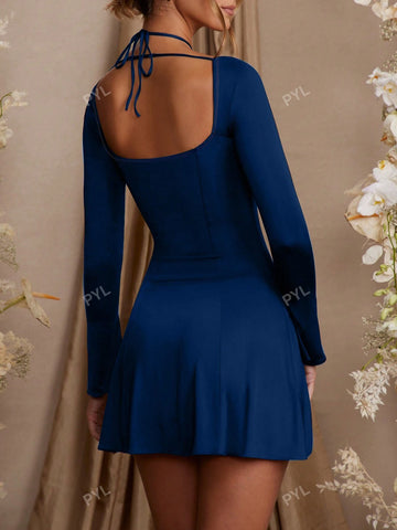 1pc Women Solid Color Slit Flared Sleeve Halter Neck Dress