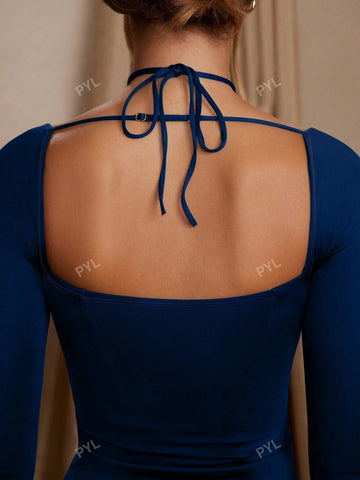 1pc Women Solid Color Slit Flared Sleeve Halter Neck Dress