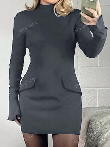 1pc Women Solid Color Stand Collar Long Sleeve Fitted Midi Dress, Elegant Style For Autumn