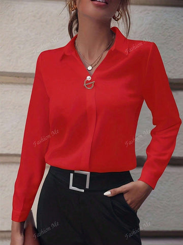 1pc Women Solid Commuter Style Simple Long Sleeve Personality Accessory Shirt
