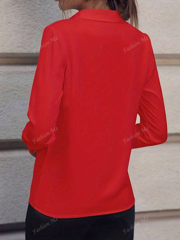 1pc Women Solid Commuter Style Simple Long Sleeve Personality Accessory Shirt