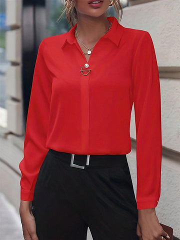 1pc Women Solid Commuter Style Simple Long Sleeve Personality Accessory Shirt