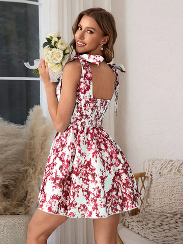 1pc Women Sweetheart Collar Printed Casual Short Dress, Suitable For Daily Wear