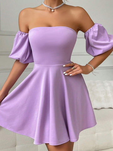 1pc Women Tube Puff Sleeve Backless Ruched Bodycon Party Club Wedding Guest Dress