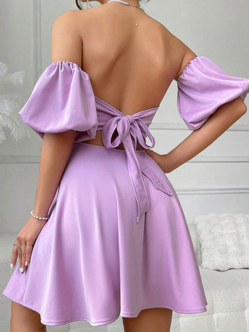1pc Women Tube Puff Sleeve Backless Ruched Bodycon Party Club Wedding Guest Dress