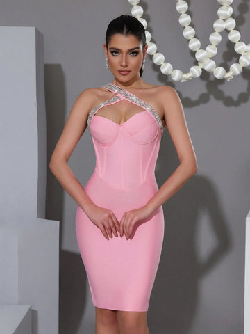 Modphy Black Diamond Embellished Bandage Sexy Bodycon One Shoulder Dress, Valentine's Day