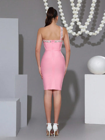 Modphy Black Diamond Embellished Bandage Sexy Bodycon One Shoulder Dress, Valentine's Day