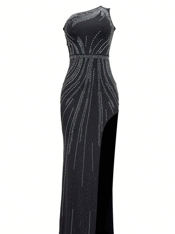 1pc Women's Fashion Sexy Rhinestone Embellished Long Dress