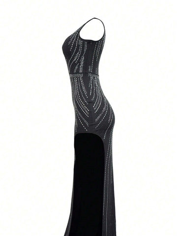 1pc Women's Fashion Sexy Rhinestone Embellished Long Dress