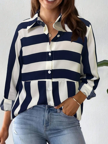 1pc Women's Fashionable Long Sleeve Striped Textured Personality Shirt, Autumn
