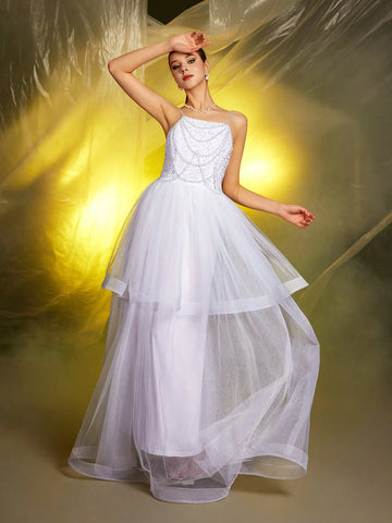 1pc Women's Glamourous White Spaghetti Strap Sequin Beaded Mesh Insert Wedding Dress Gown