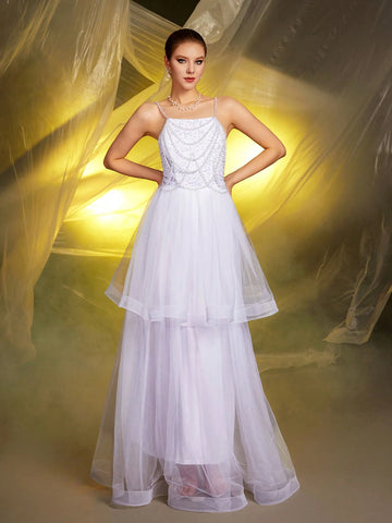 1pc Women's Glamourous White Spaghetti Strap Sequin Beaded Mesh Insert Wedding Dress Gown