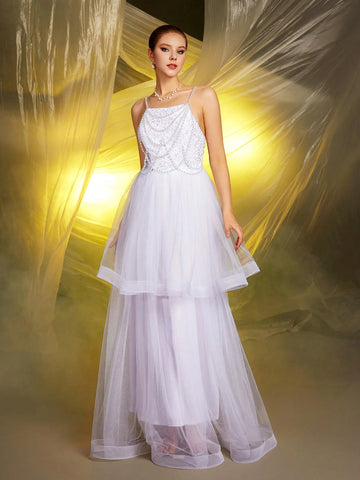 1pc Women's Glamourous White Spaghetti Strap Sequin Beaded Mesh Insert Wedding Dress Gown