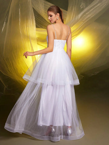 1pc Women's Glamourous White Spaghetti Strap Sequin Beaded Mesh Insert Wedding Dress Gown