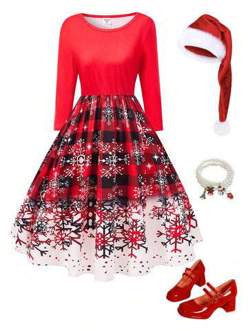 1pc Women's Gray Fuzzy Sweatshirt With Santa Claus Print, Crew Neck, Color Blocking, Drop Shoulder, Long Sleeve, Ribbed Cuffs/Hem, Suitable For Going Out And Christmas, Winter