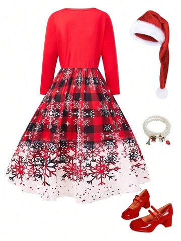 1pc Women's Gray Fuzzy Sweatshirt With Santa Claus Print, Crew Neck, Color Blocking, Drop Shoulder, Long Sleeve, Ribbed Cuffs/Hem, Suitable For Going Out And Christmas, Winter