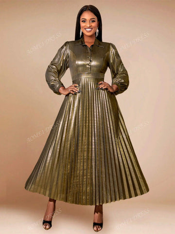 1pc Women's Long Sleeve Pleated Formal Dress, For Office And Party Occasion