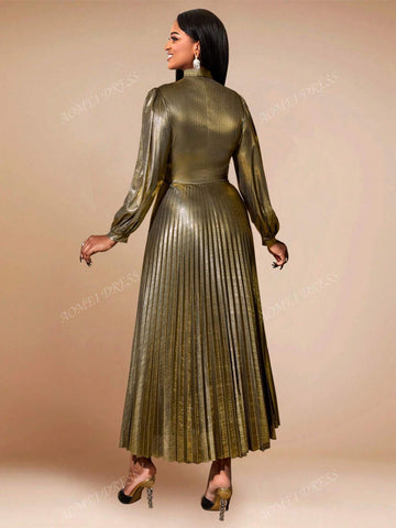 1pc Women's Long Sleeve Pleated Formal Dress, For Office And Party Occasion