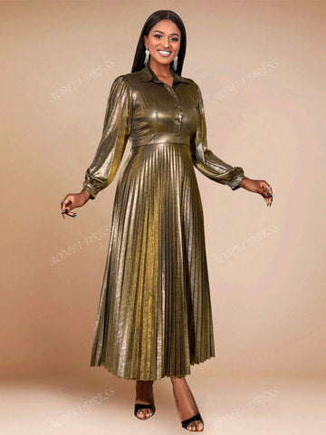 1pc Women's Long Sleeve Pleated Formal Dress, For Office And Party Occasion