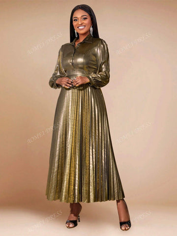 1pc Women's Long Sleeve Pleated Formal Dress, For Office And Party Occasion