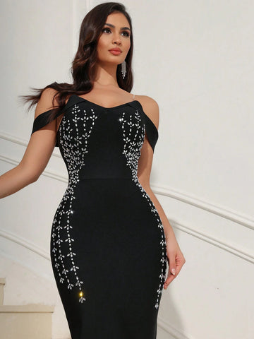 1pc Women's Love Bling Rhinestone Embellished Off-Shoulder Slit Sexy Elegant Party Cocktail Bandage Dress