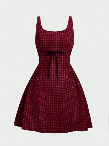 1pc Women's New Wide Strap Solid Color Patchwork Tied Elegant Commuting Viscose Fabric Sleeveless Mini Dress, High-End Elegant, Slim Fit Bodycon Vest Dress