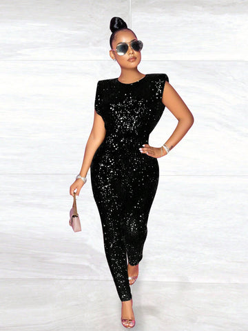 1pc Women's Round Neck Sleeveless Glitter Bodysuit