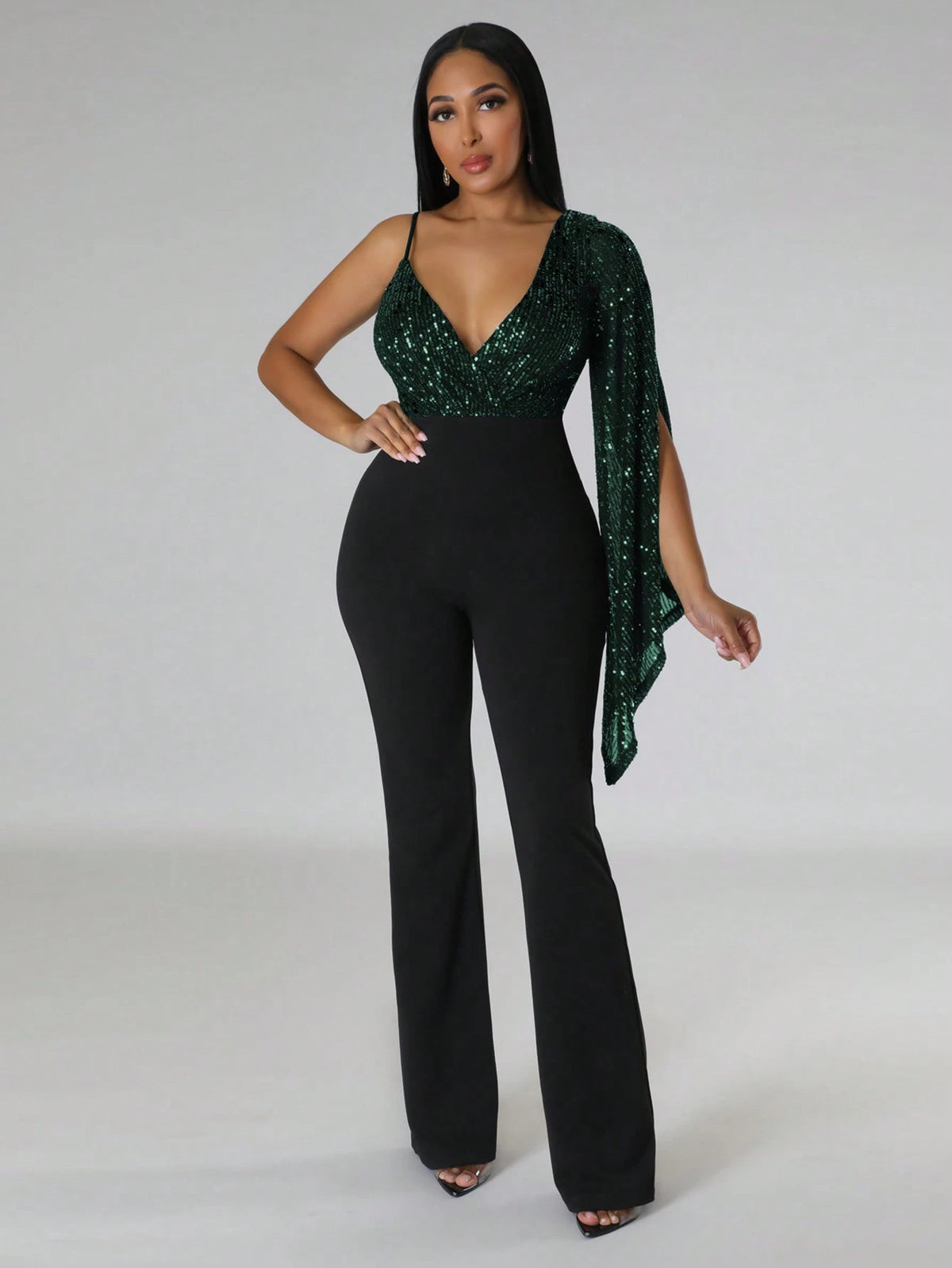 1pc Women's Sequin Panel Asymmetric Shoulder Flare Sleeve Jumpsuit, For Party
