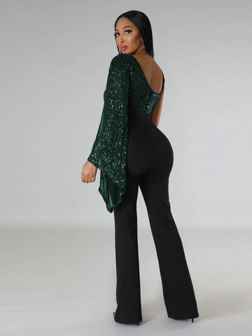 1pc Women's Sequin Panel Asymmetric Shoulder Flare Sleeve Jumpsuit, For Party