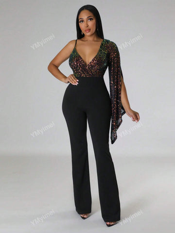 1pc Women's Sequin Panel Asymmetric Shoulder Bell Sleeve Jumpsuit