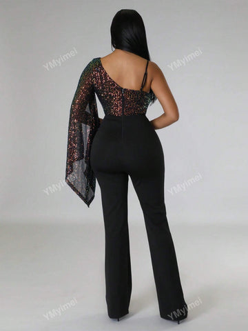 1pc Women's Sequin Panel Asymmetric Shoulder Bell Sleeve Jumpsuit
