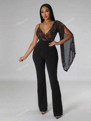 1pc Women's Sequin Panel Asymmetric Shoulder Bell Sleeve Jumpsuit