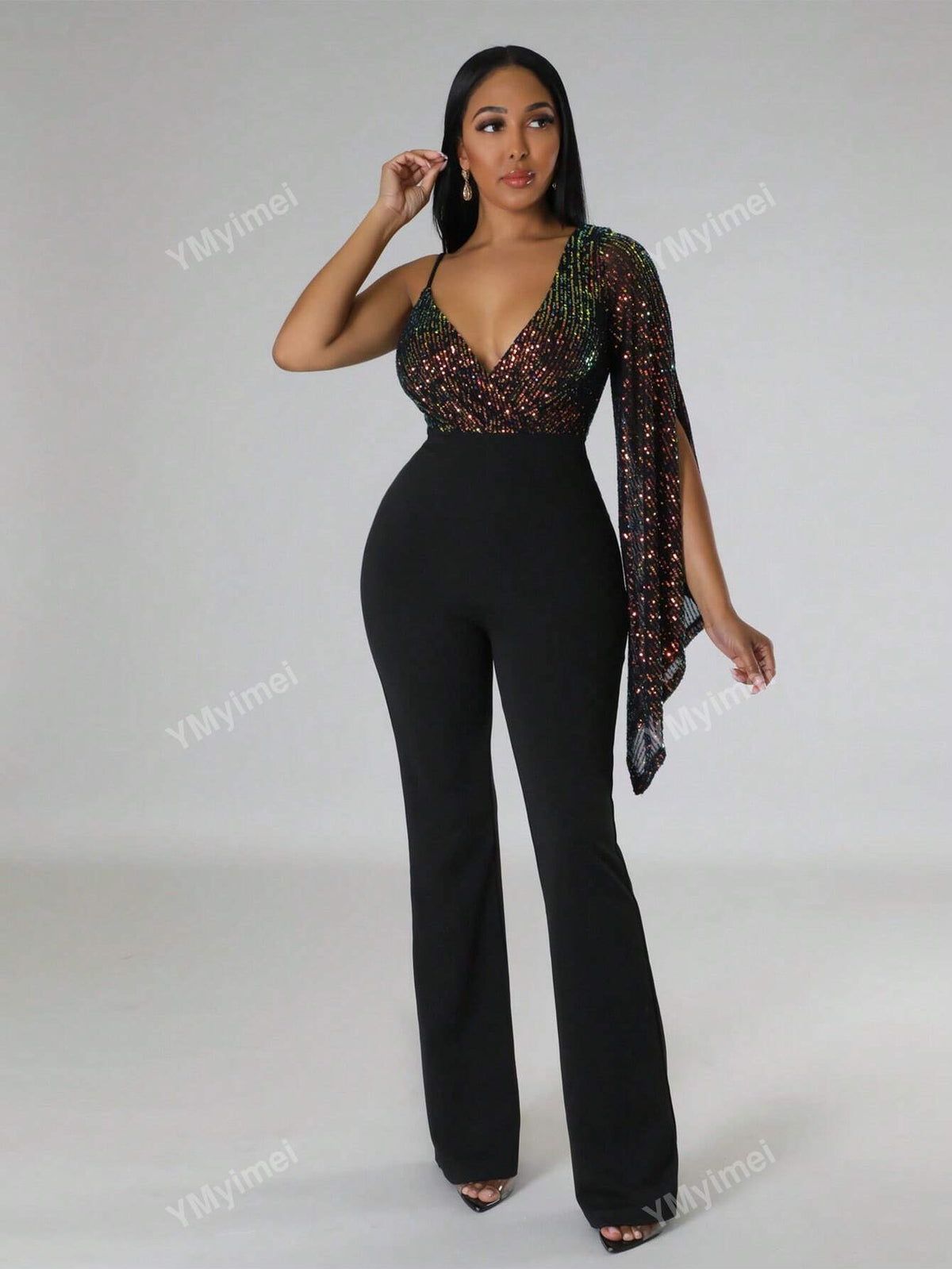 1pc Women's Sequin Panel Asymmetric Shoulder Bell Sleeve Jumpsuit