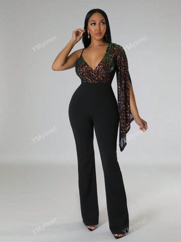 1pc Women's Sequin Panel Asymmetric Shoulder Bell Sleeve Jumpsuit