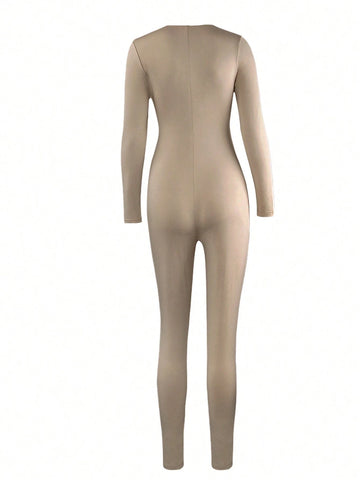 1pc Women's Sexy Lace Up Hollow Out Long Sleeve Bodycon Jumpsuit