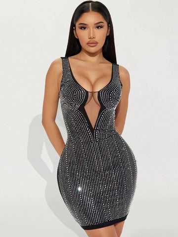 1pc Women's Sleeveless Dress With Rhinestone Details And Hollow Out Design
