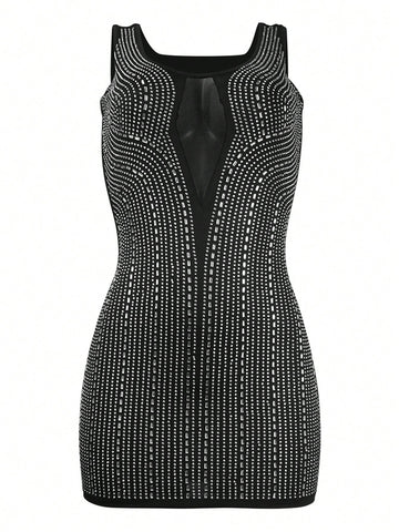 1pc Women's Sleeveless Dress With Rhinestone Details And Hollow Out Design