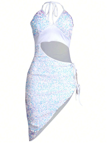 1pc Women's Sleeveless Sequin Tie Waist Dress For Party & Beach