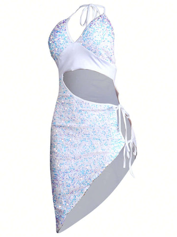 1pc Women's Sleeveless Sequin Tie Waist Dress For Party & Beach
